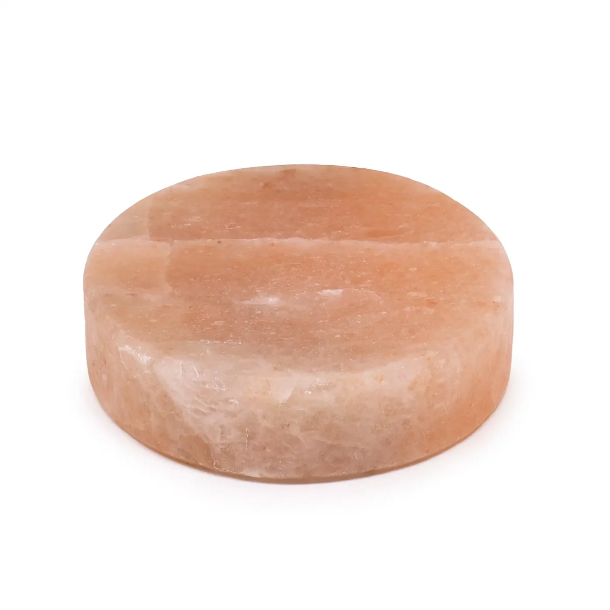 Round salt cooking plate made from Himalayan salt, measuring 20x20x5cm, with a smooth flat surface