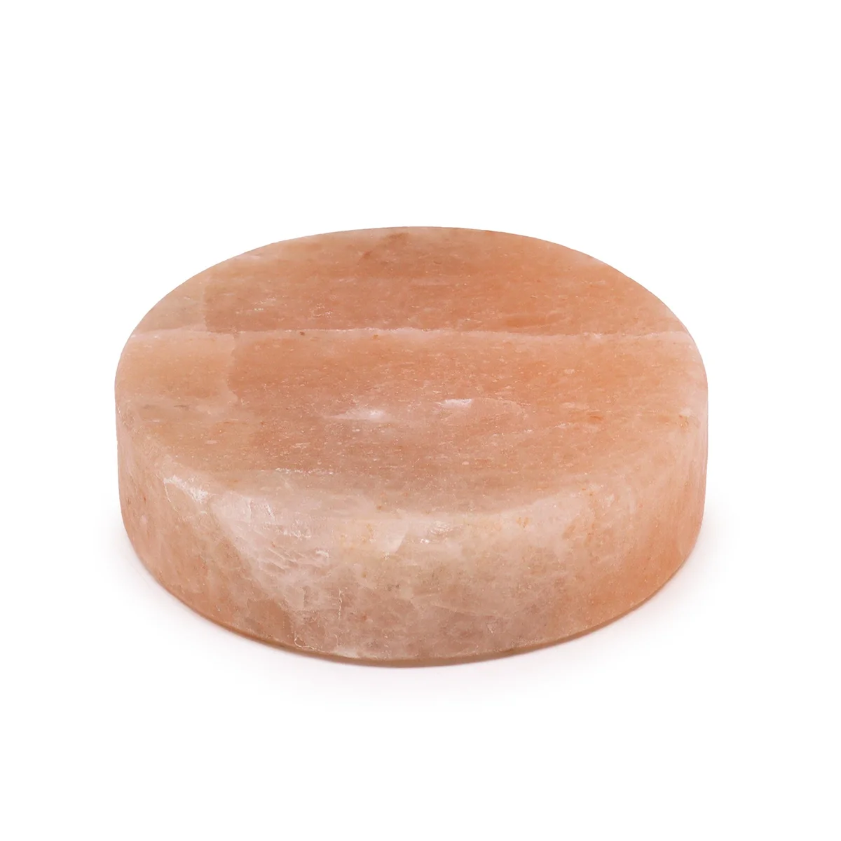 Round Himalayan natural salt cooking slab measuring 20x20x5cm on a white background