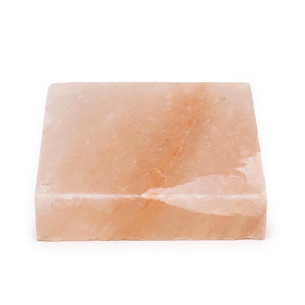 Square natural salt cooking plate measuring 20x20x5cm with smooth pink Himalayan salt surface