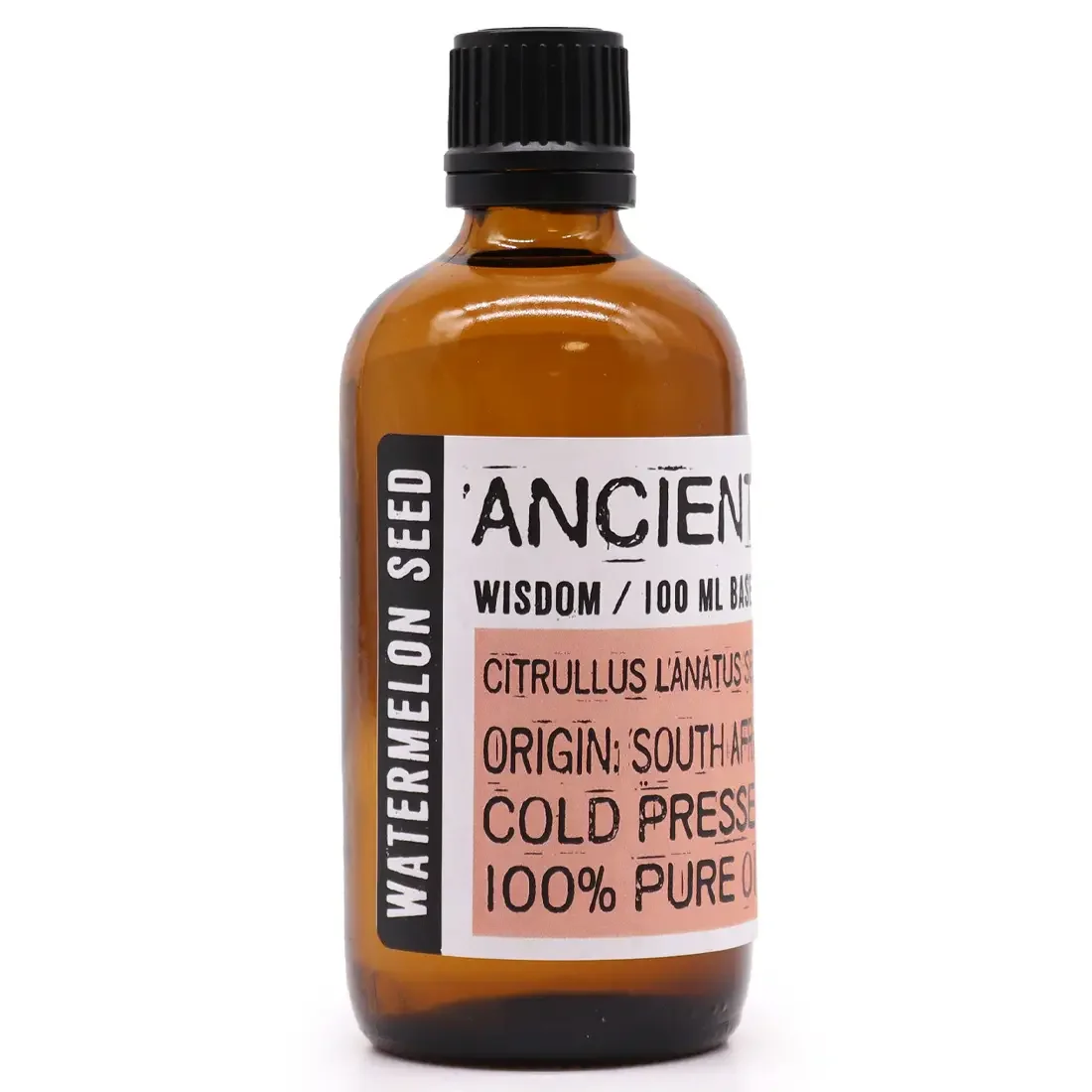 Clear 100ml bottle of natural seed oil labeled Watermelon Seed Oil on white background