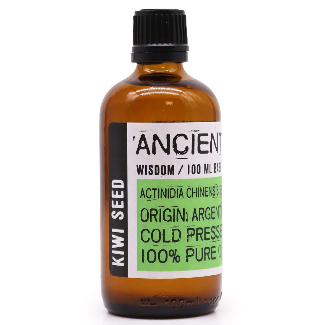 100ml oil bottle of Kiwi Seed Oil with a clear glass design and green label on a white background