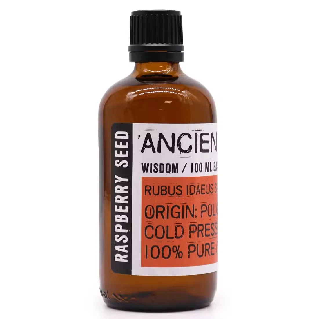 Clear 100ml bottle of raspberry seed skin care oil with natural background and soft lighting