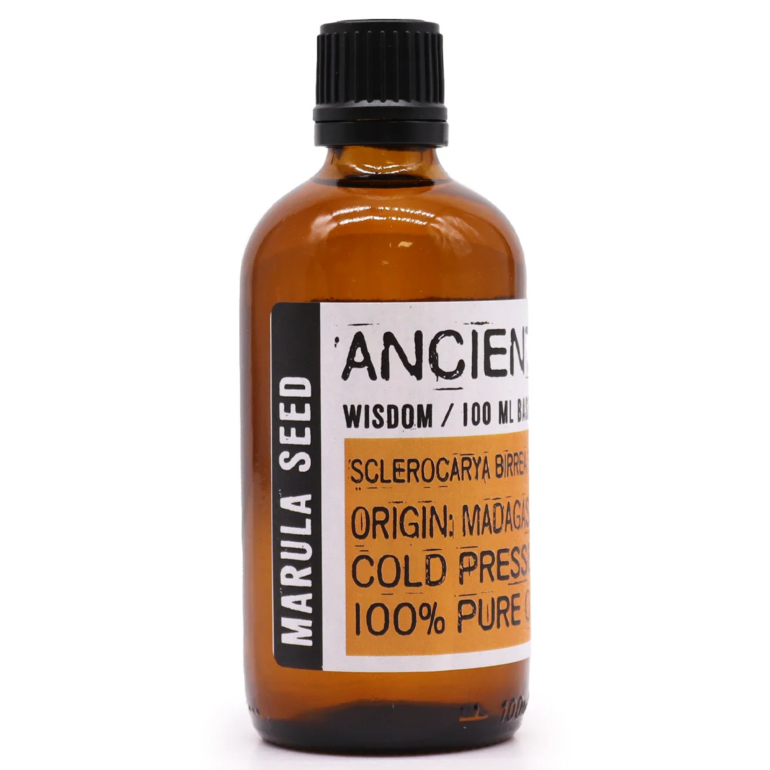 Clear glass bottle of Marula Seed Oil skin care oil with natural seeds inside against a white background