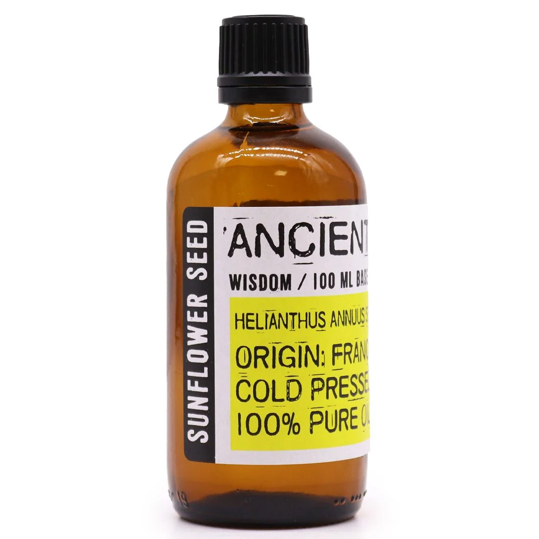Clear bottle of sunflower oil 100ml with yellow liquid inside on a white background
