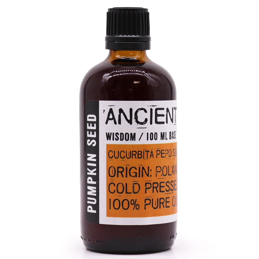 Clear glass bottle of natural seed oil labeled Pumpkin Seed Oil 100ml on white background