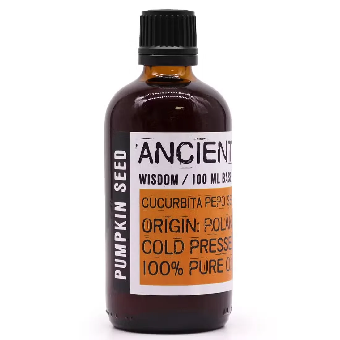 Bottle of pumpkin seed cooking oil 100ml with dark green oil inside on a white background