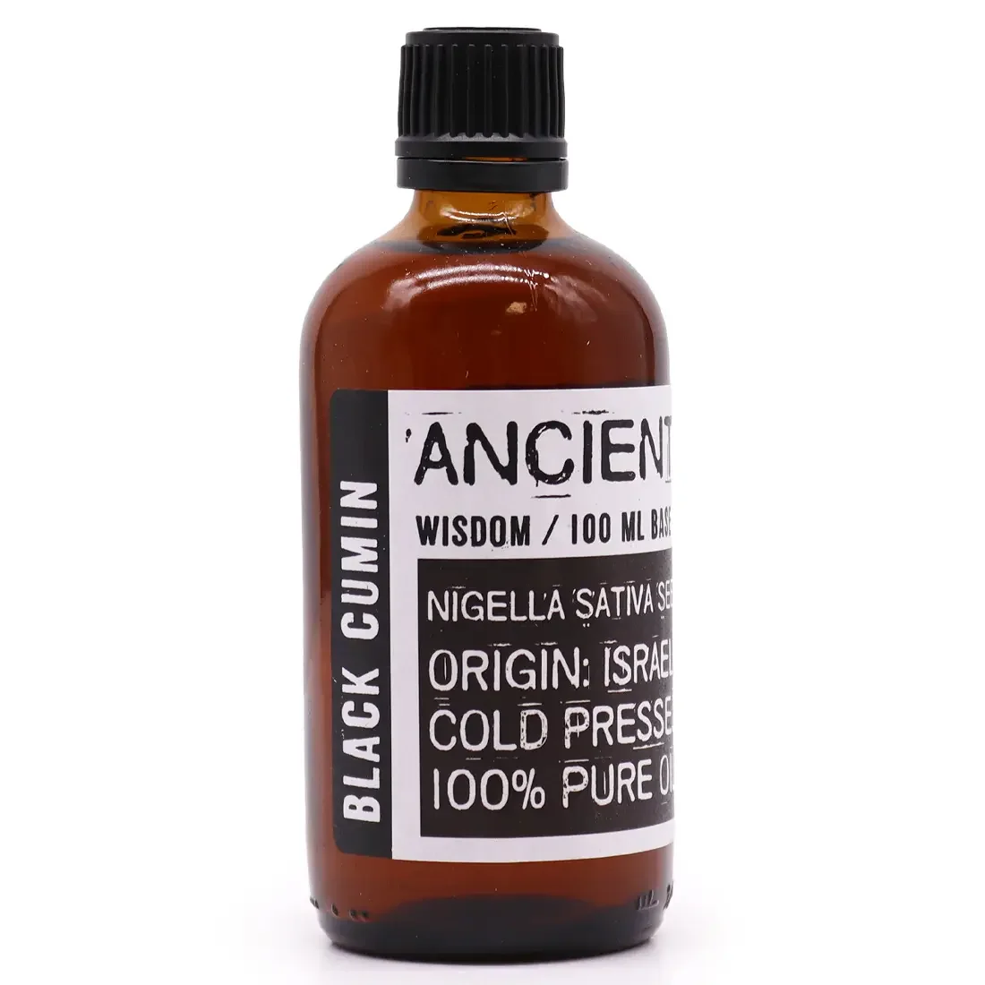 Bottle of 100ml black cumin oil with dark amber glass and black cap on white background