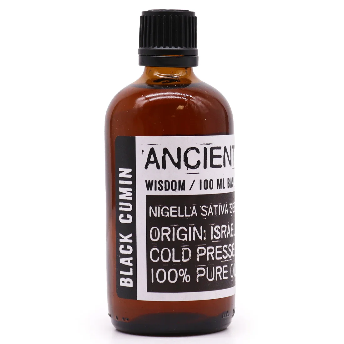 Bottle of natural black cumin oil with black label and 100ml volume on white background