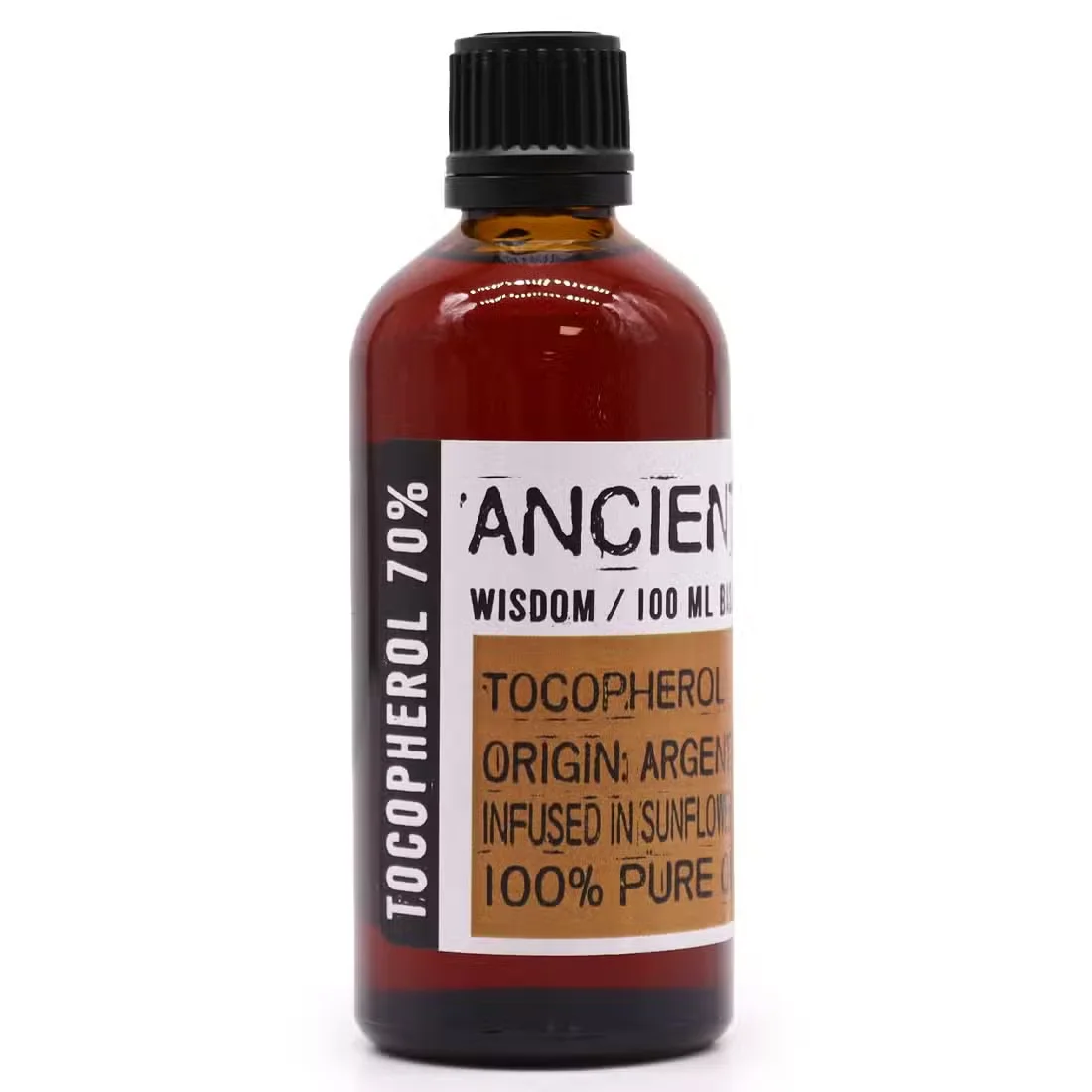 Clear 100ml Vitamin E bottle labeled Tocopherol with a dropper cap on a white background