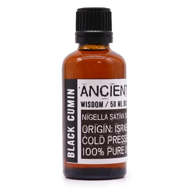 Clear glass bottle of black cumin oil, 50ml, with black label.