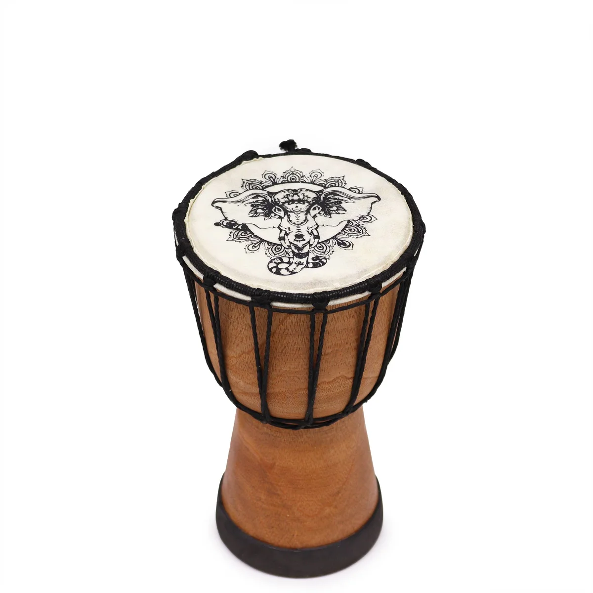 Sleek 20cm djembe drum displayed upright, its wide top decorated with subtle elephant motif