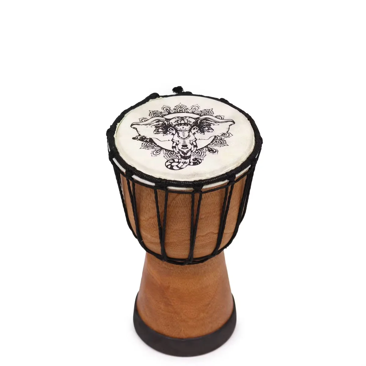 Decorative djembe drum, 20cm tall, wide top featuring an elephant design.