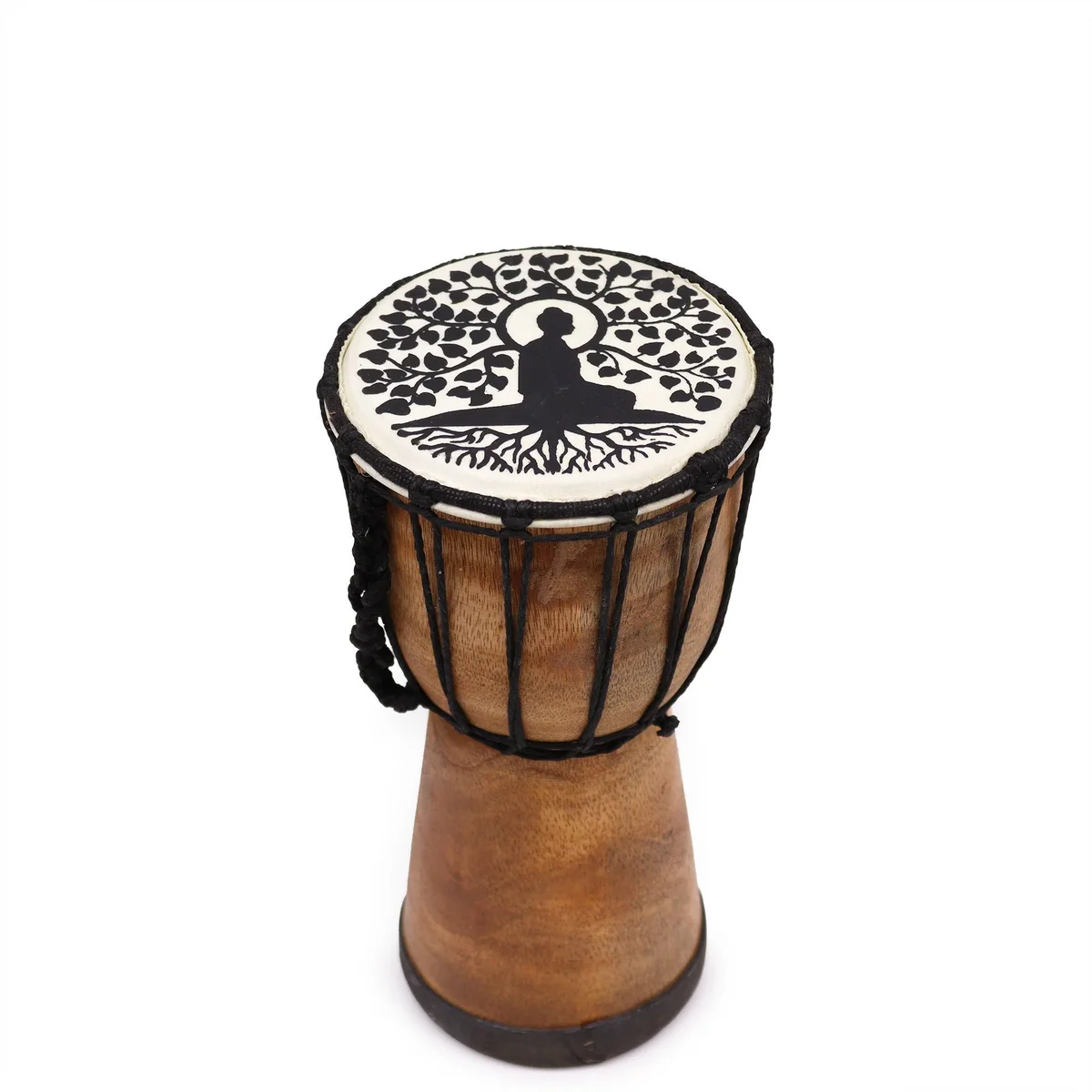 Wide top djembe drum with Buddha design, 13 cm high, shown in clear studio light