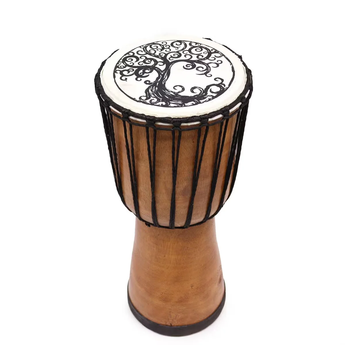 Decorative djembe drum with Tree of Life design and wide top, 18cm diameter, wooden body and rope tuning system