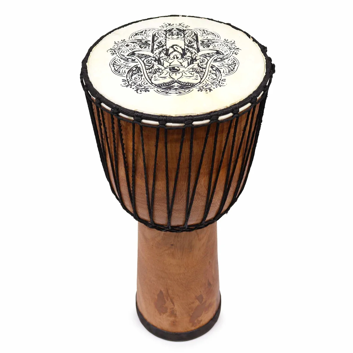 Hamsa djembe drum with wide top, 22cm diameter, wooden body and rope tuning system on white background