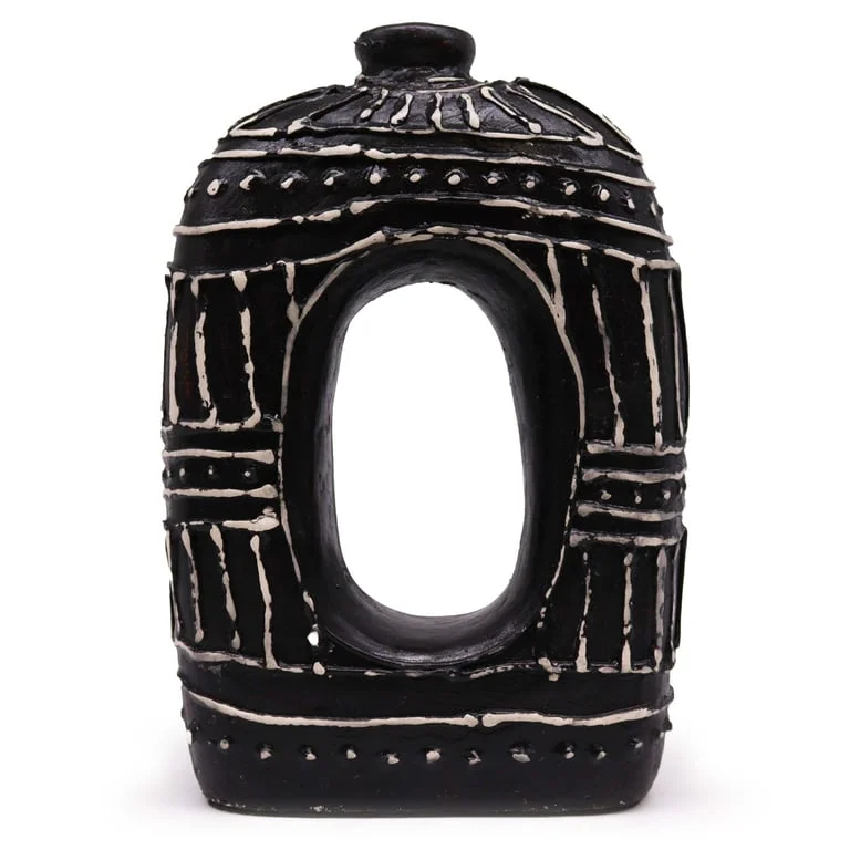 Oval donut vase in chocolate finish, 30cm tall, showing its unique donut shape.