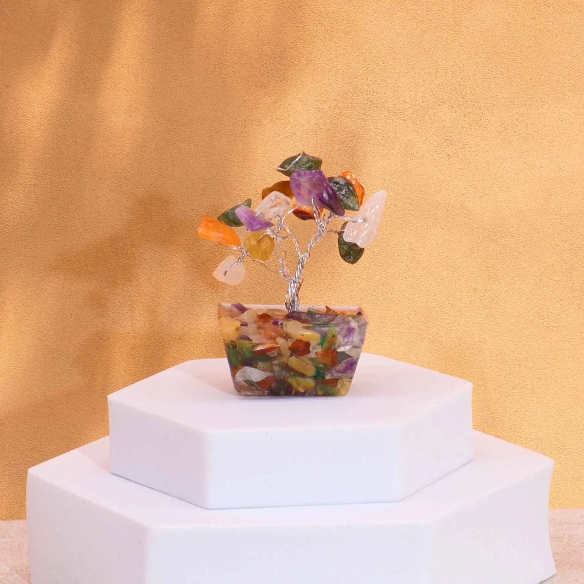 Mini multi stone tree ornament with 15 colorful gemstones on a black orgonite base, decorative and compact design