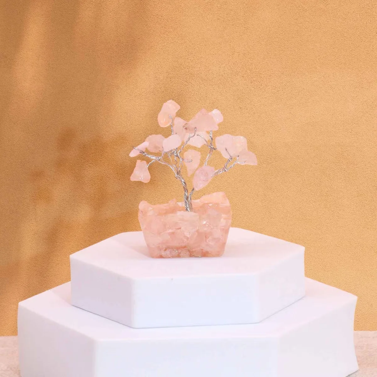 Mini gemstone tree with 15 rose quartz stones on a white orgonite base, rose quartz decor for home or office