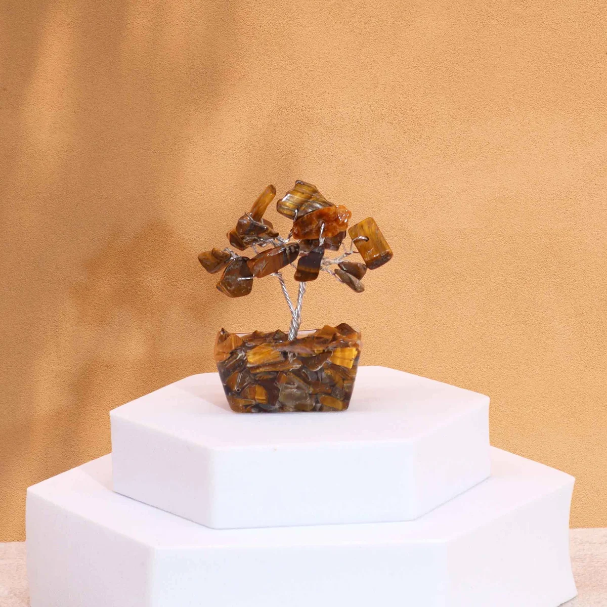 Mini gemstone tree with 15 tigereye stones on a decorative orgonite base decor piece