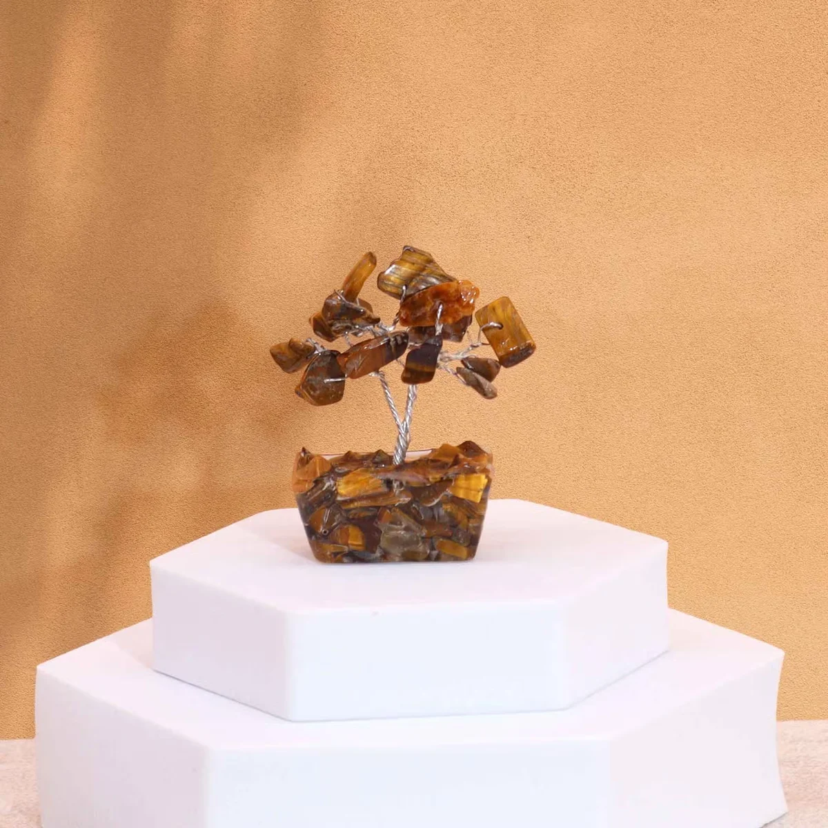 Mini gemstone tree with 15 tigereye stones on a black orgonite base tigereye crystal ornament