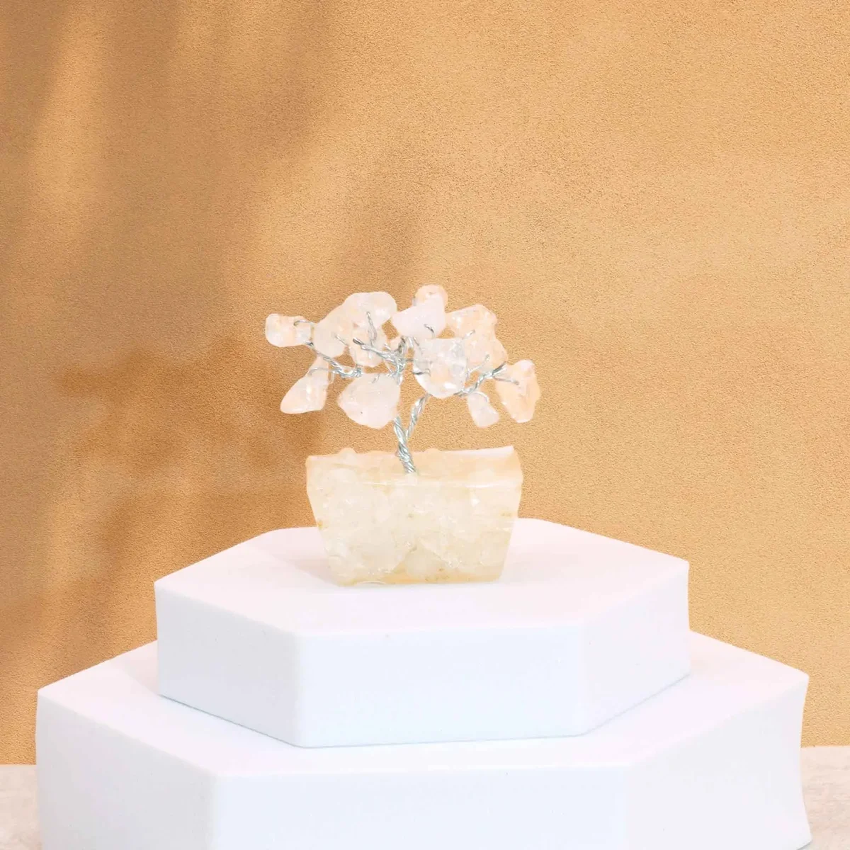 Mini gemstone rock quartz tree with 15 stones on a small orgonite base for decorative use