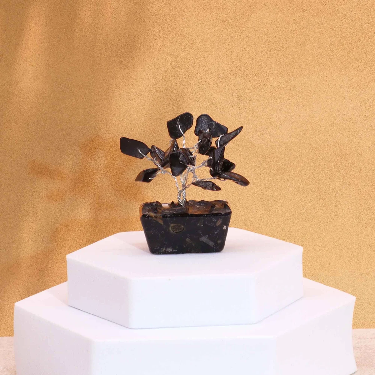 Mini black agate gemstone tree with 15 stones on a small orgonite base, decorative and natural display piece