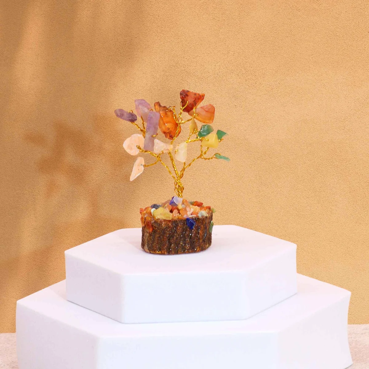 Decorative gemstone tree with 15 multi-colored stones on a wooden base displayed against a white background
