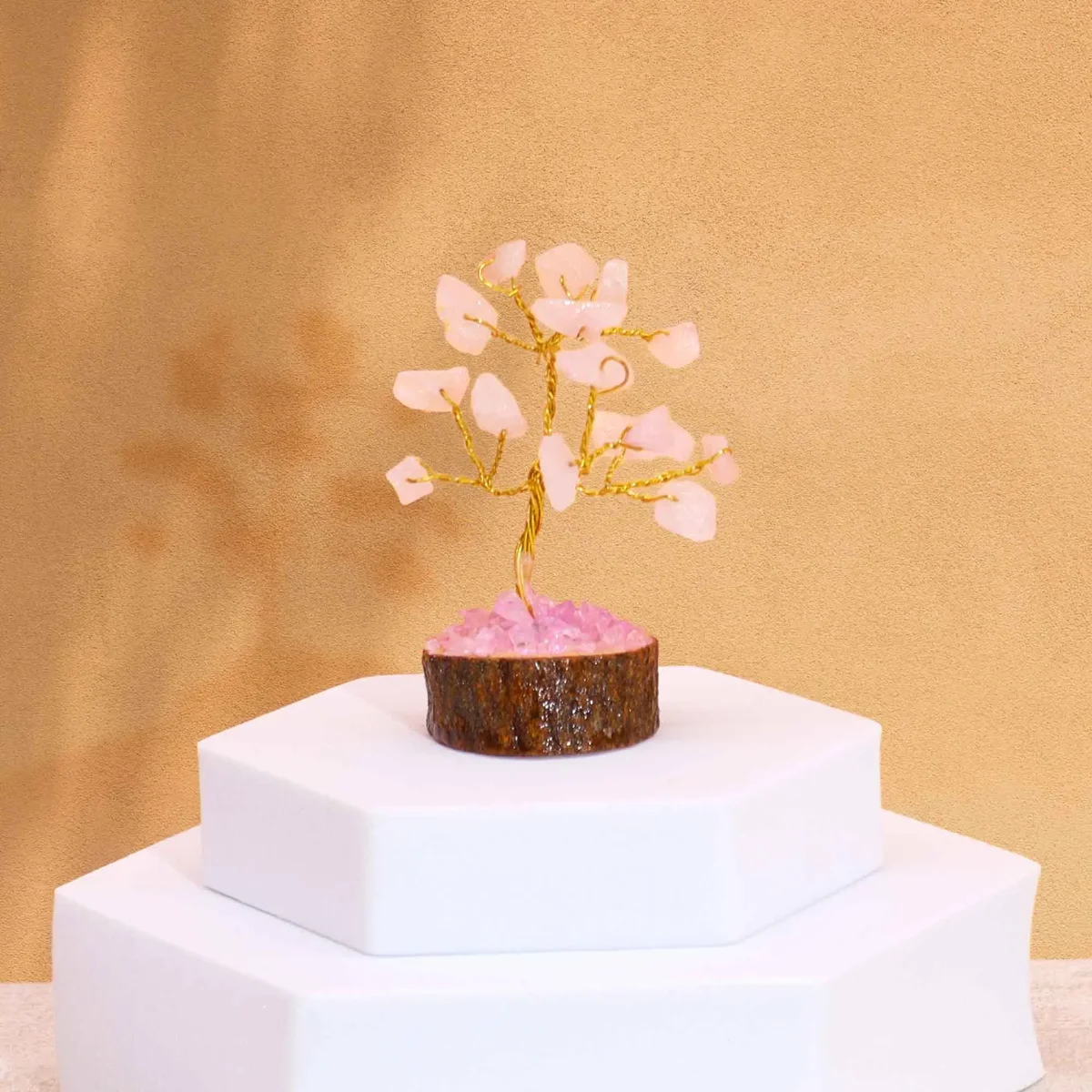 Mini rose quartz tree with 15 polished stones on a natural wood base, decorative gemstone ornament