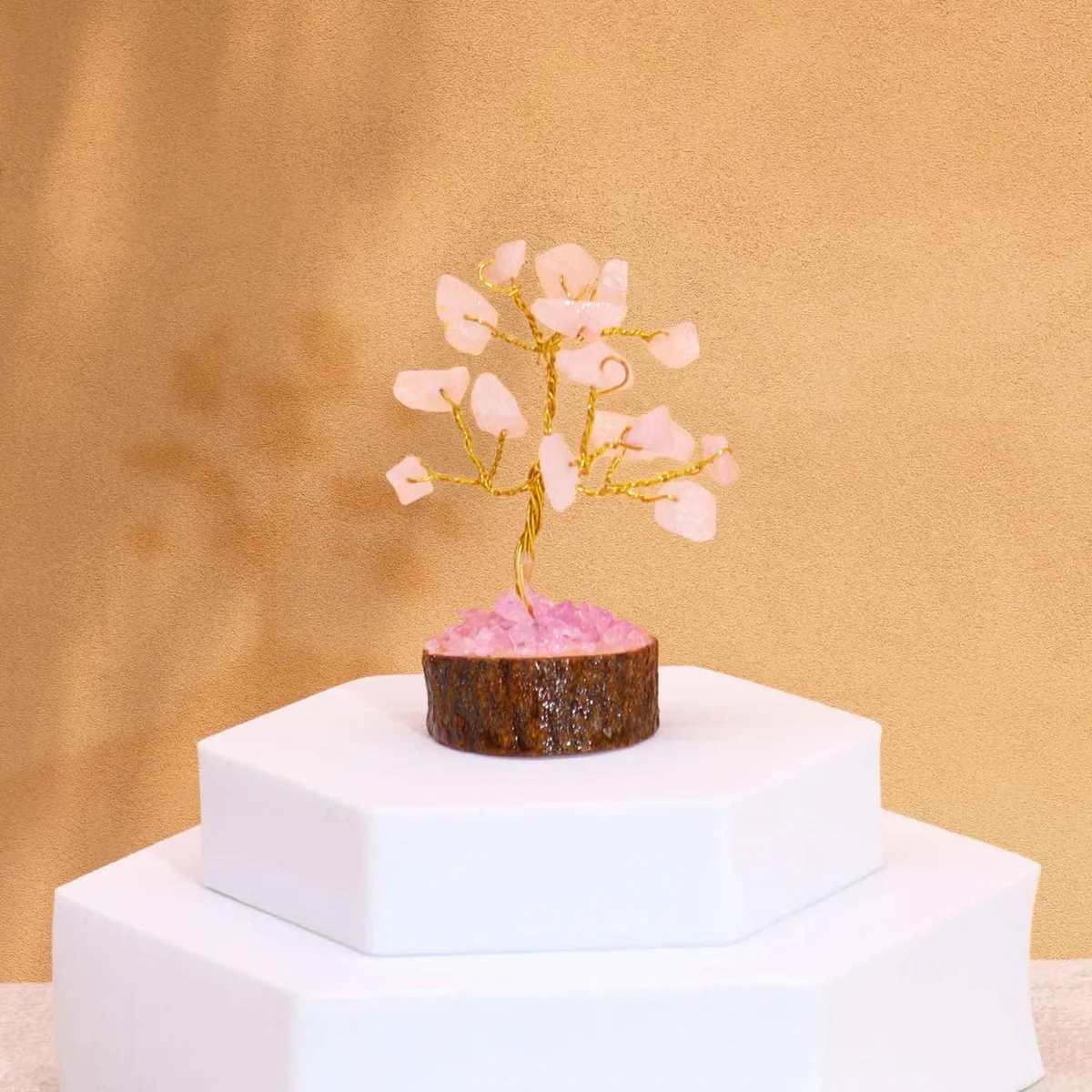 Mini rose quartz gemstone tree with 15 stones on a natural wood base decoration for home display