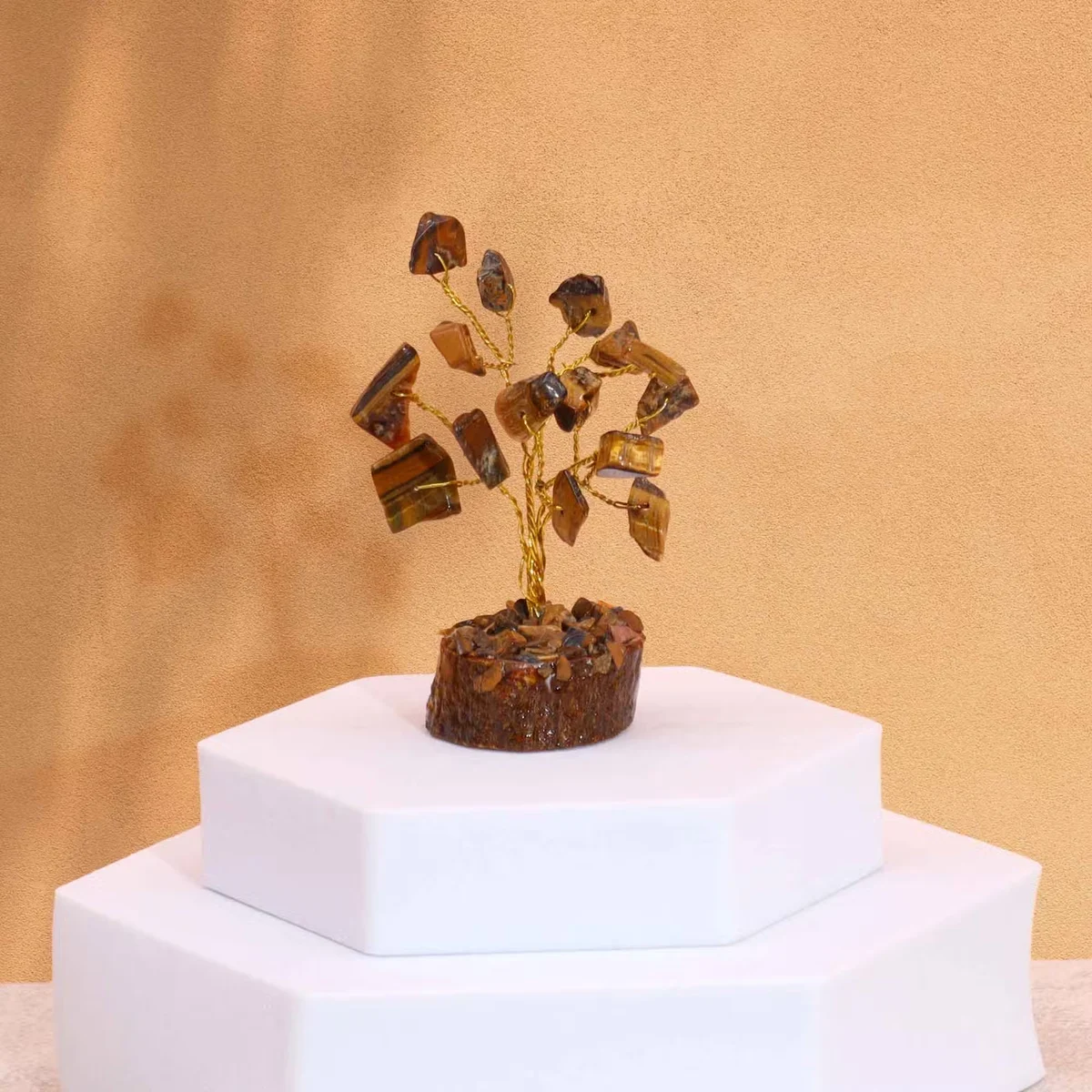 Mini gemstone tree with 15 tigereye stones on a wooden base, perfect tigereye decor for home or office display