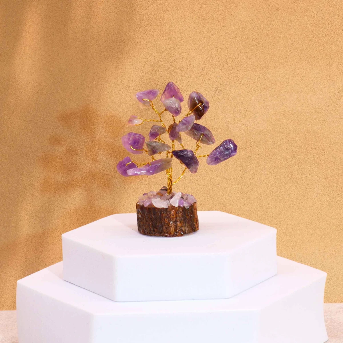 Mini amethyst gemstone tree with 15 stones on a natural wood base gemstone tree display stand