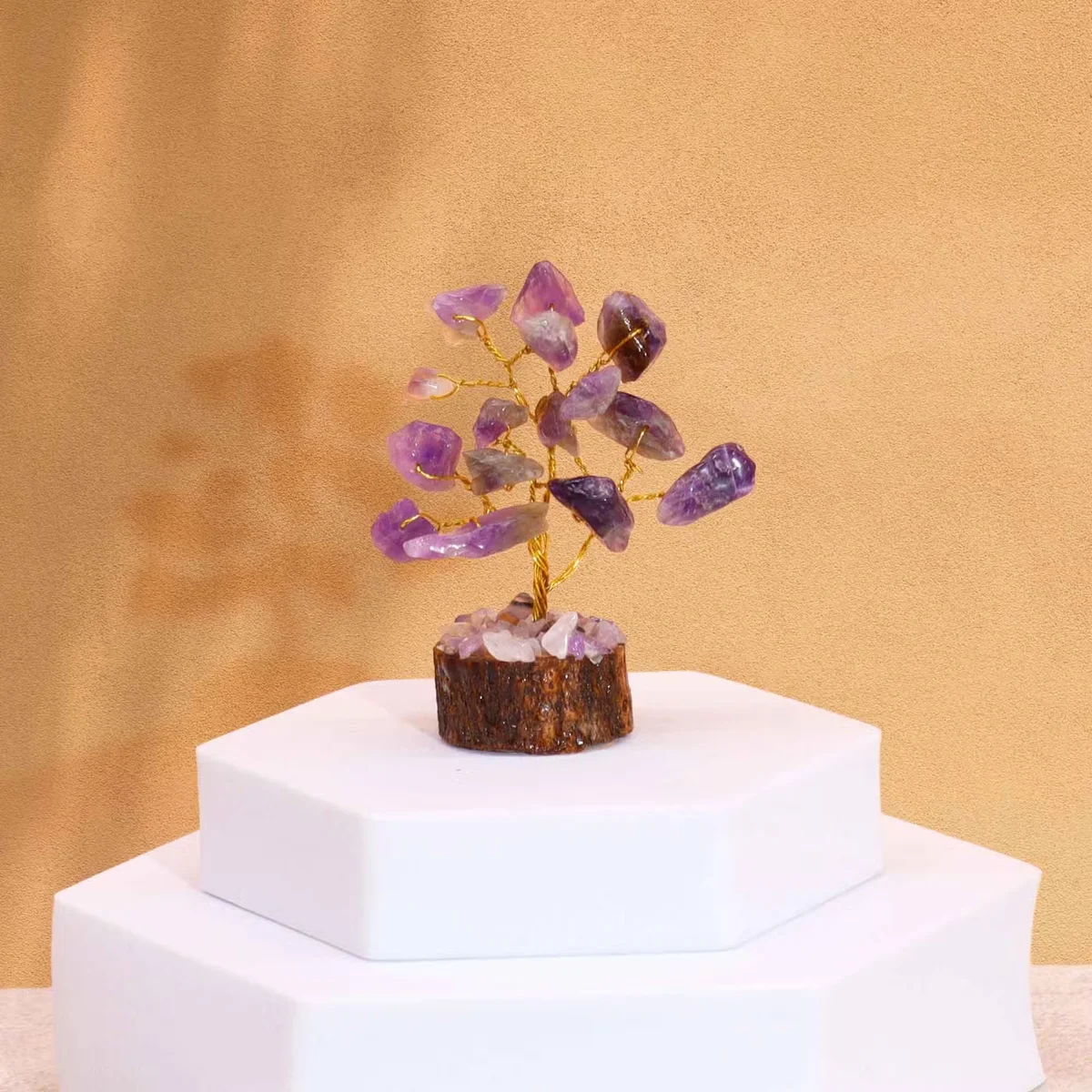 Mini amethyst gemstone tree with 15 stones on a wooden base decorative gemstone ornament for home decor