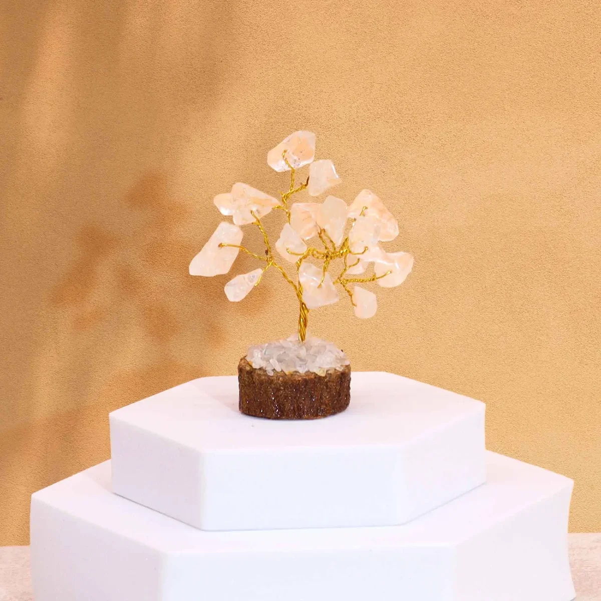Mini rock quartz tree with 15 stones on a wooden base, decorative gemstone tree for home or office display