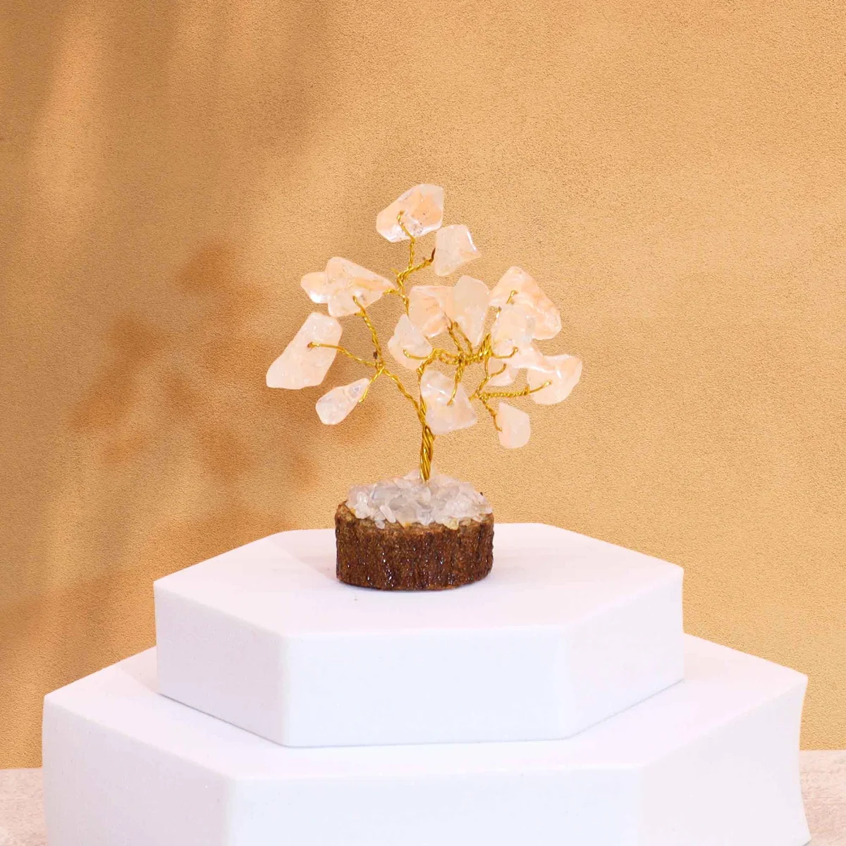 Mini gemstone tree ornament with 15 rock quartz stones on a wooden base, small decorative tree sculpture