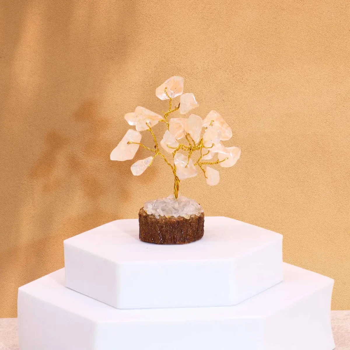 Mini gemstone tree with 15 rock quartz stones on a wood base decoration, showing detailed stones and wooden stand