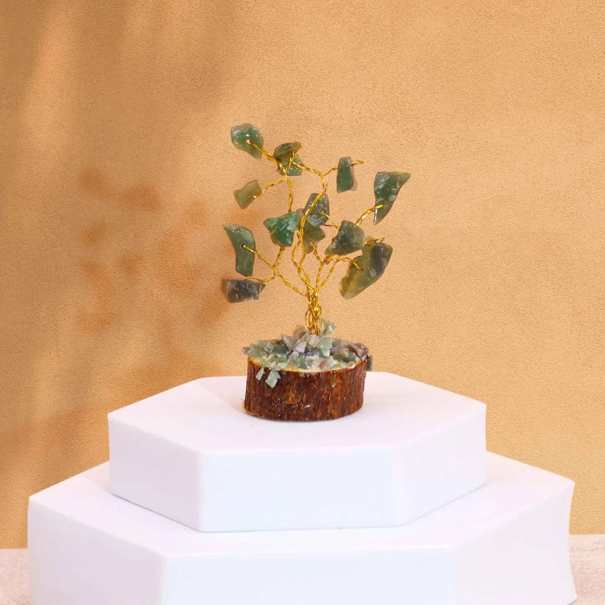 Mini green aventurine gemstone tree with 15 stones on a wood base decoration for home or office display