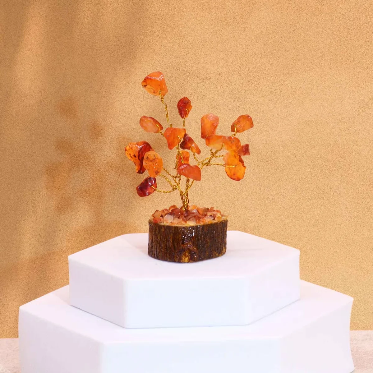 Mini Carnelian gemstone tree with 15 stones on a wooden base decorative gemstone ornament for home display