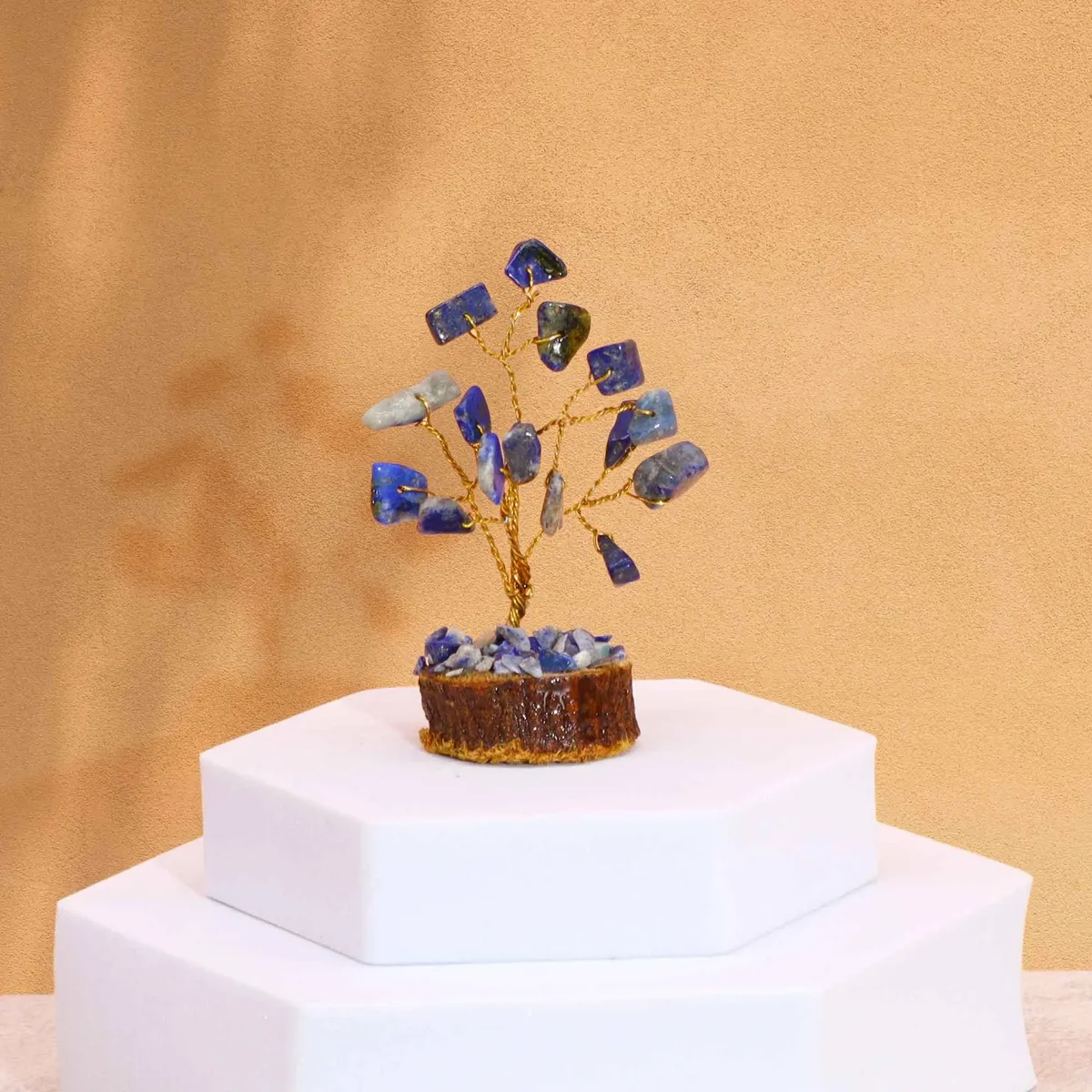 Mini gemstone tree with 15 sodalite stones on a wooden base, decorative and compact design