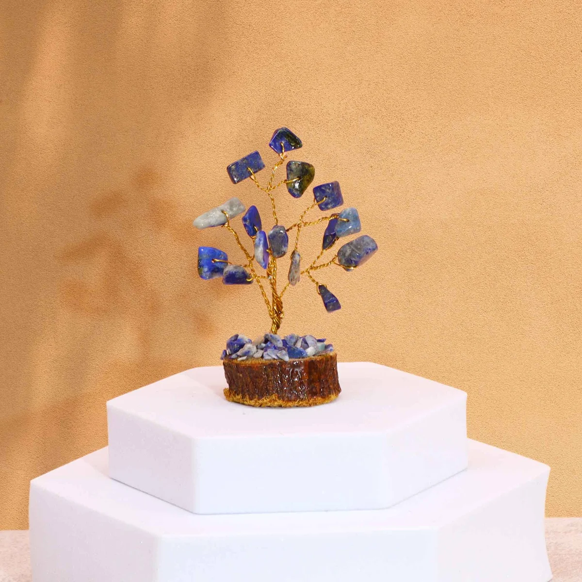 Mini gemstone tree ornament with 15 sodalite stones on a wooden base, decorative and compact design