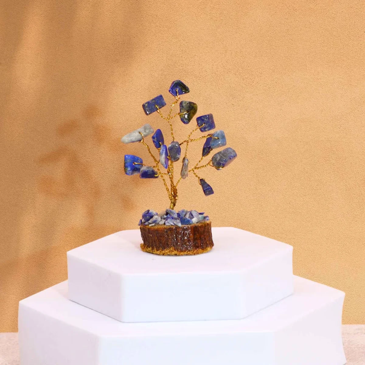 Mini sodalite gemstone tree with 15 stones on a natural wood base gemstone tree display stand