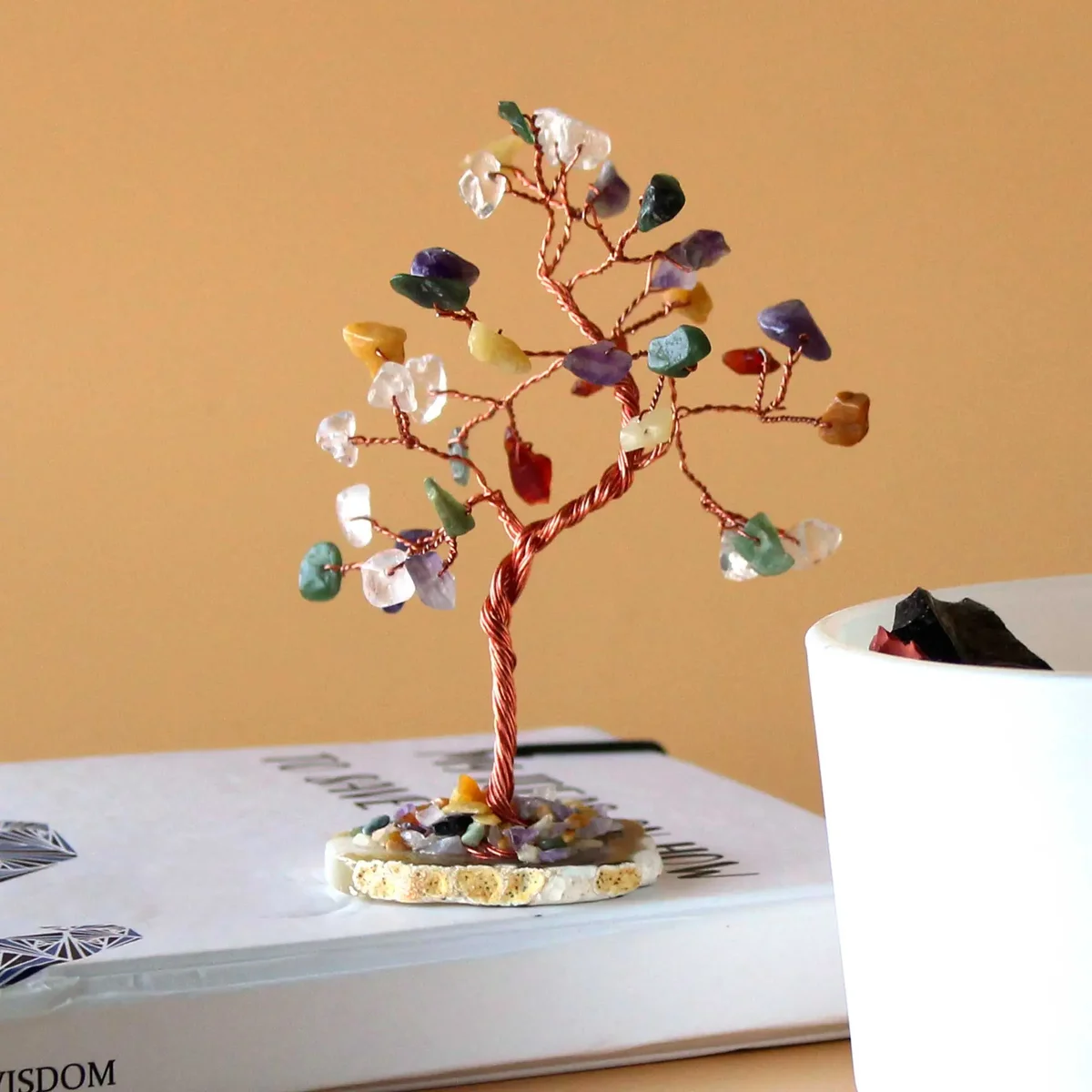 Gemstone tree with 35 multi stones decoration on a natural agate base, showing colorful polished stones and branches