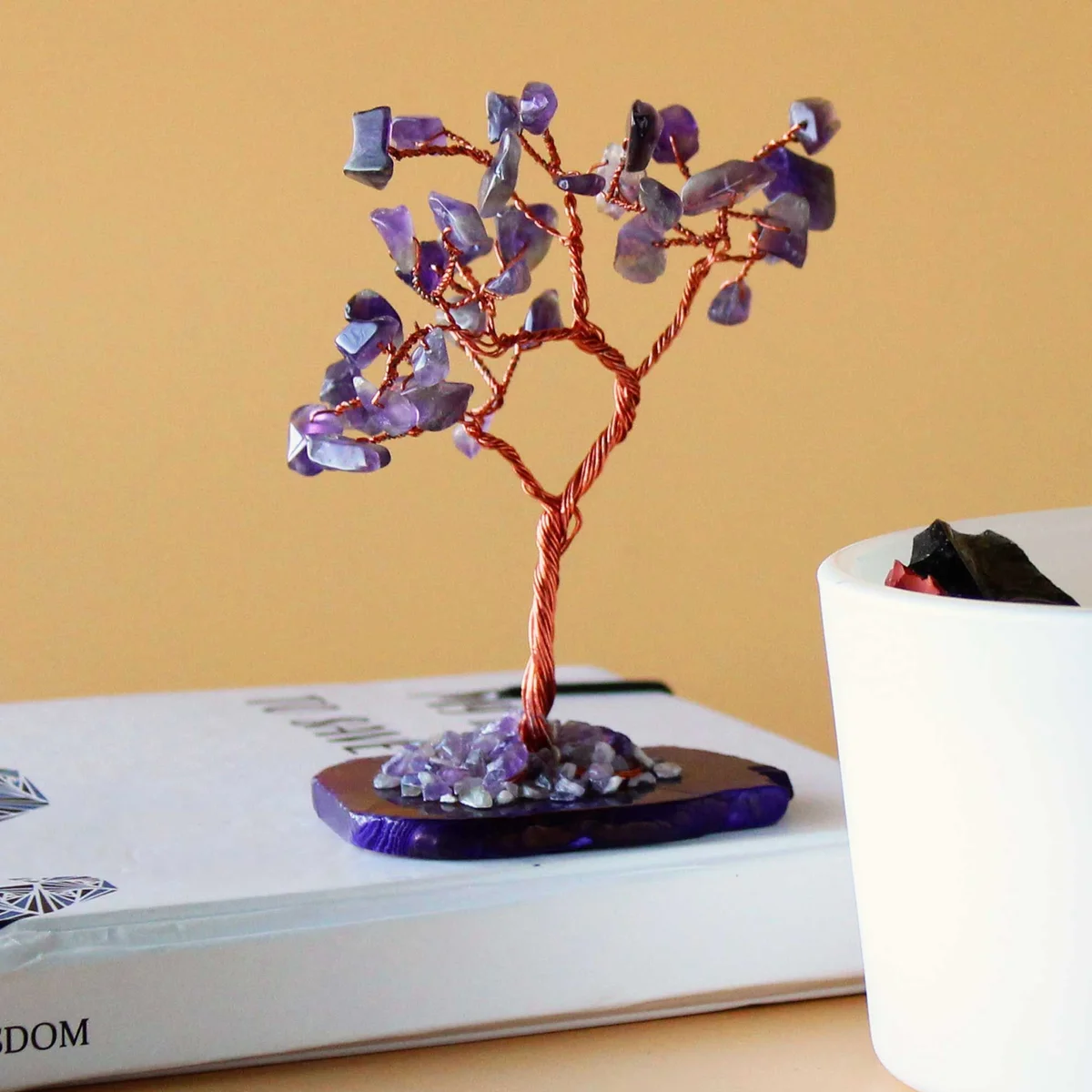 Amethyst gemstone tree with 35 polished stones on a natural agate base for decorative display