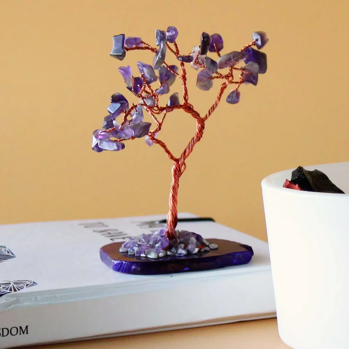 Amethyst gemstone tree with 35 stones on natural agate base crystal ornament gift for home decor