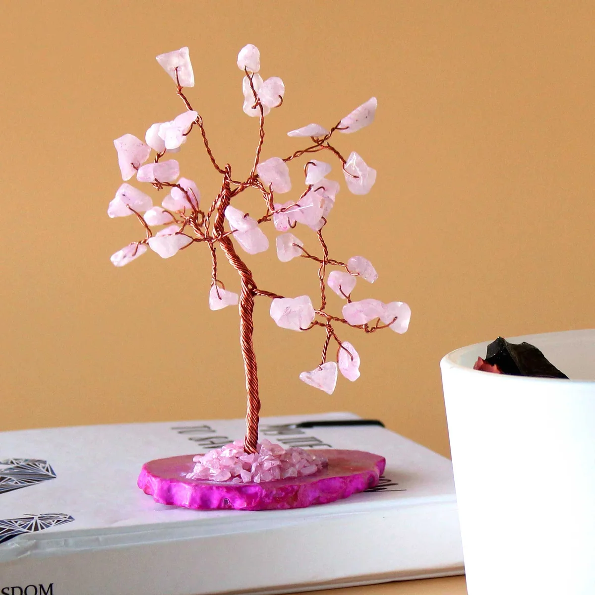 Rose quartz gemstone tree with 35 stones on a polished pink agate base, decorative crystal display piece