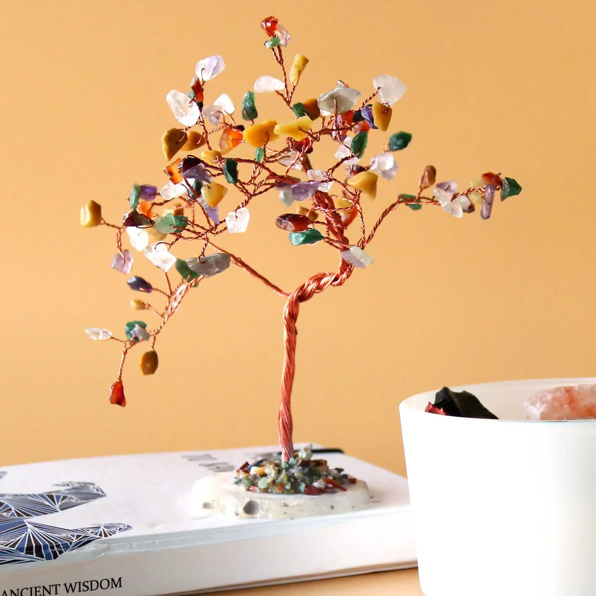 Large gemstone tree ornament with multi stones on a natural agate base featuring 100 colorful stones