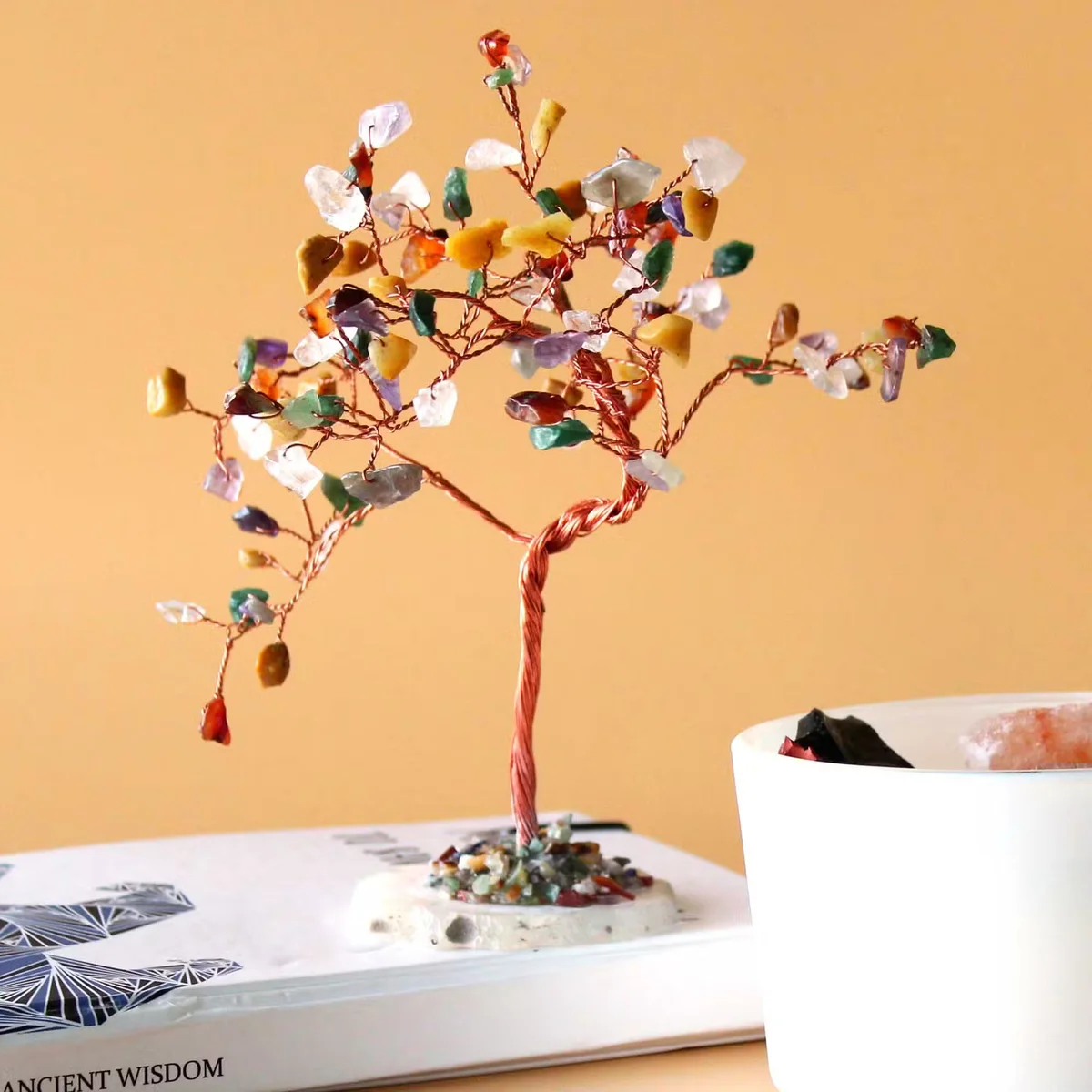 Large multi stone gemstone tree with 100 colorful stones on a natural agate base, shown in image position 3