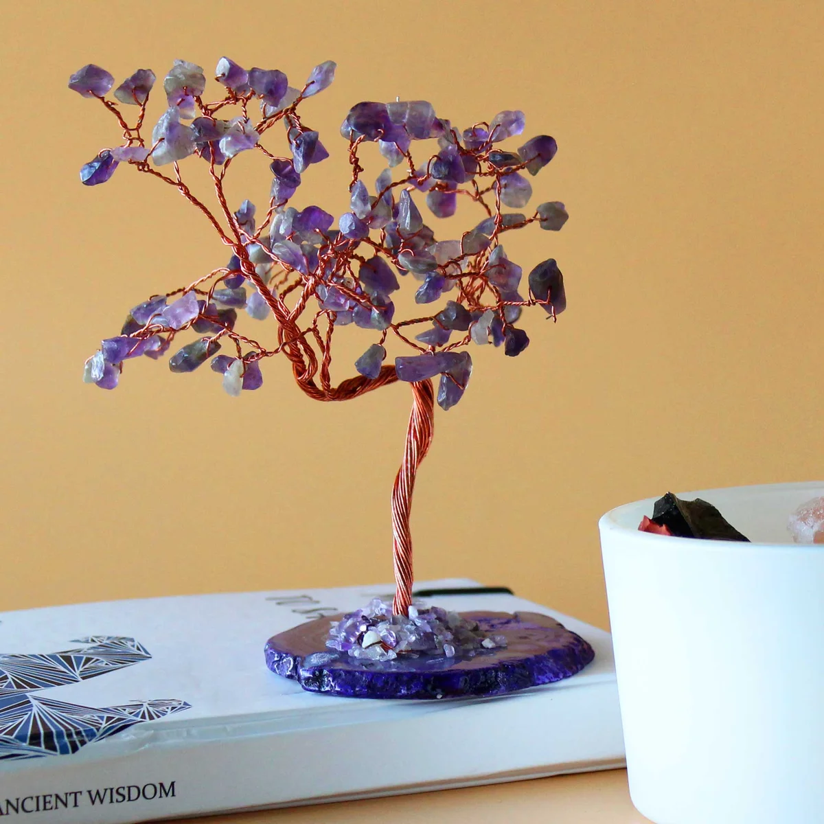 Large amethyst gemstone tree with 100 stones on a natural agate base ornament, showing purple crystals and stone details