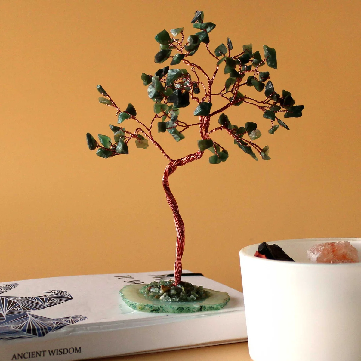 Large green aventurine gemstone tree with 100 stones on a polished green agate base for decoration