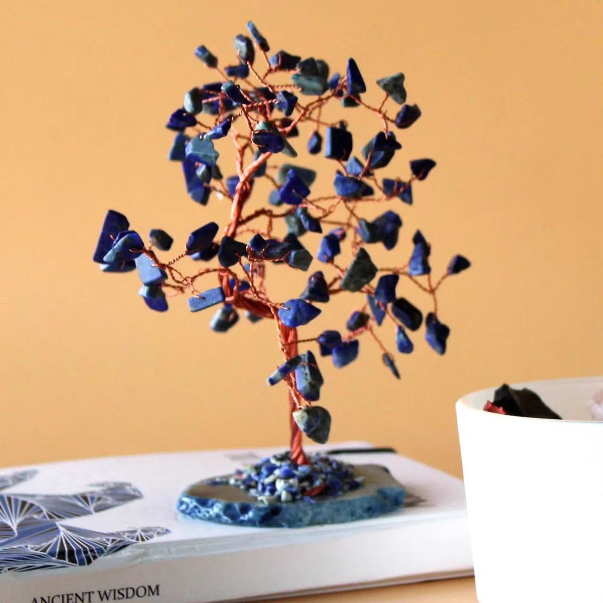 Large sodalite gemstone tree with 100 stones on a polished blue agate base, crystal gemstone decor for home display