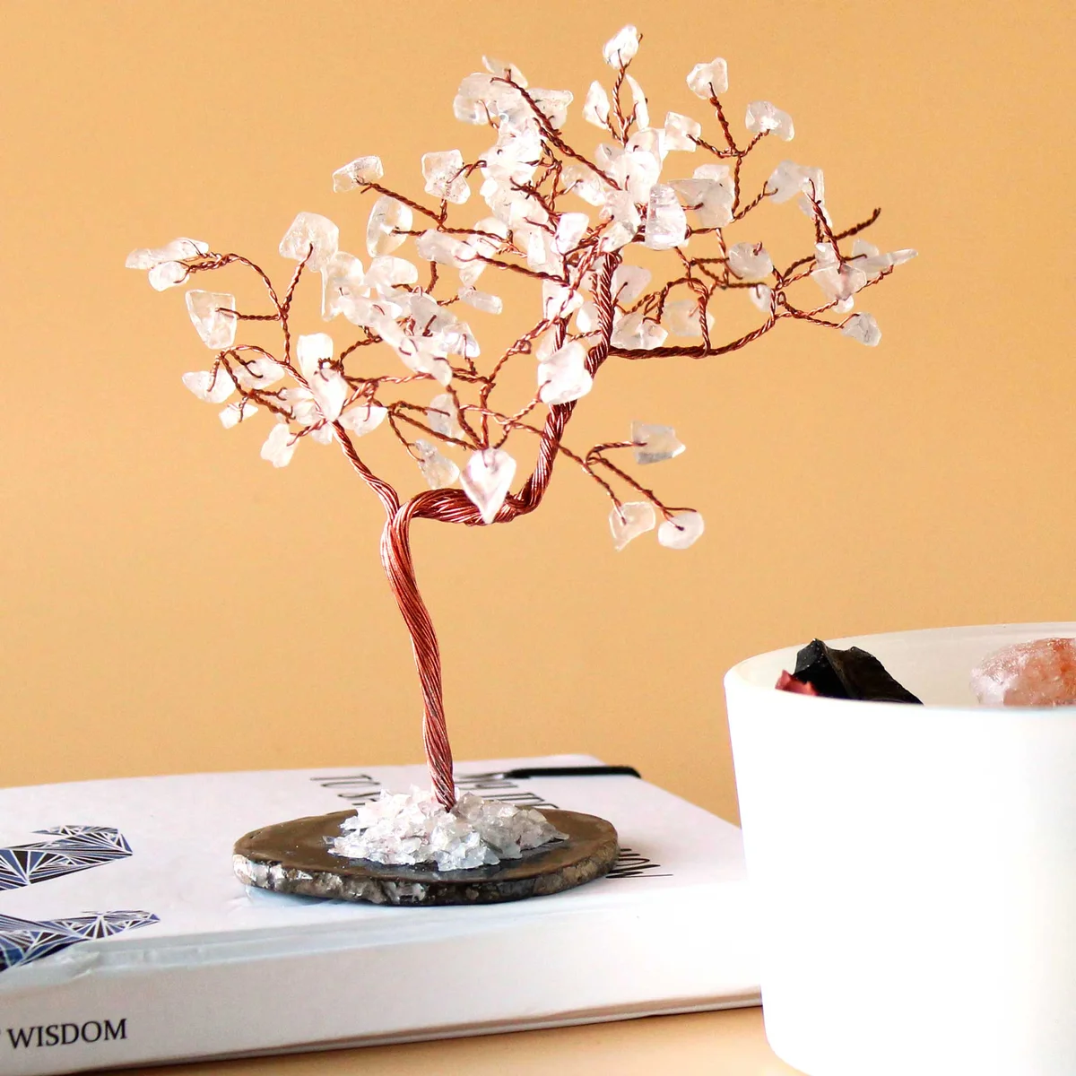 Large gemstone tree with rock quartz branches on a polished black agate base ornament featuring 100 stones
